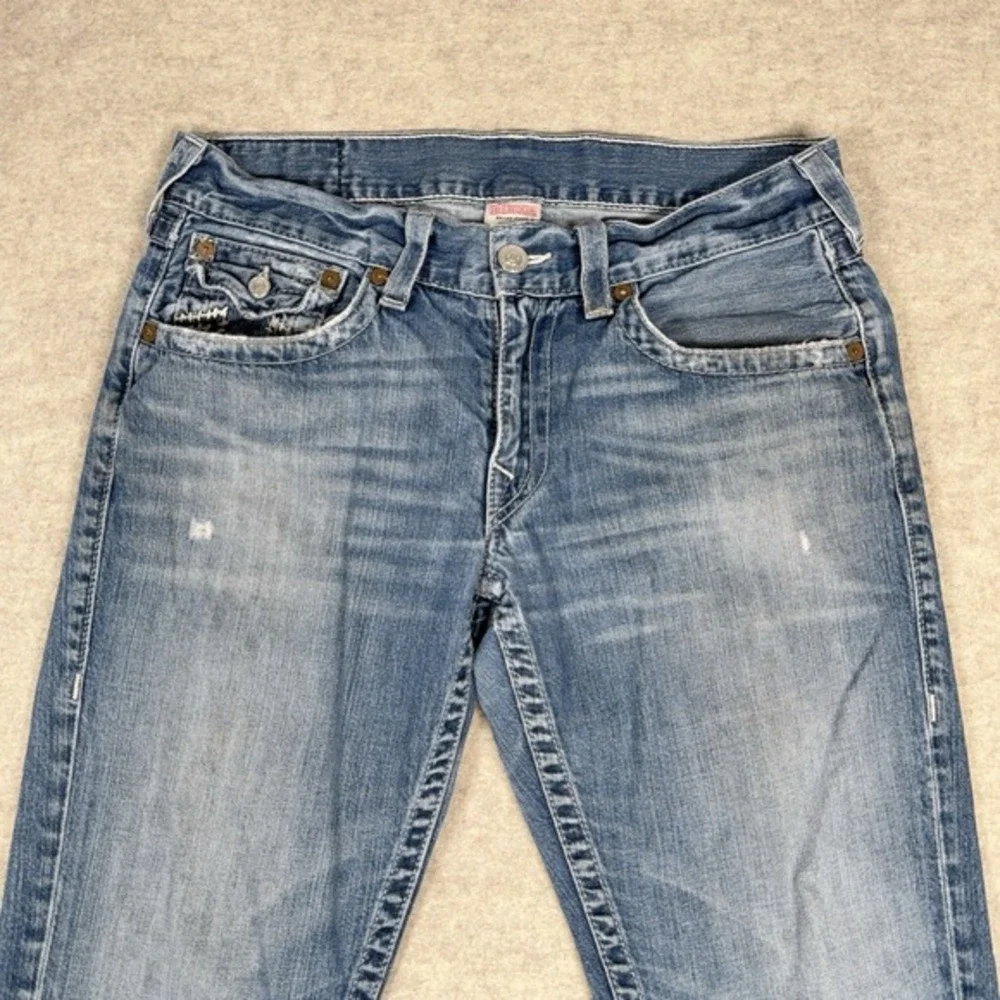 True Religion Straight Leg Jeans Flaps Blue‎ Distressed Mens 33x31 Denim *Read*